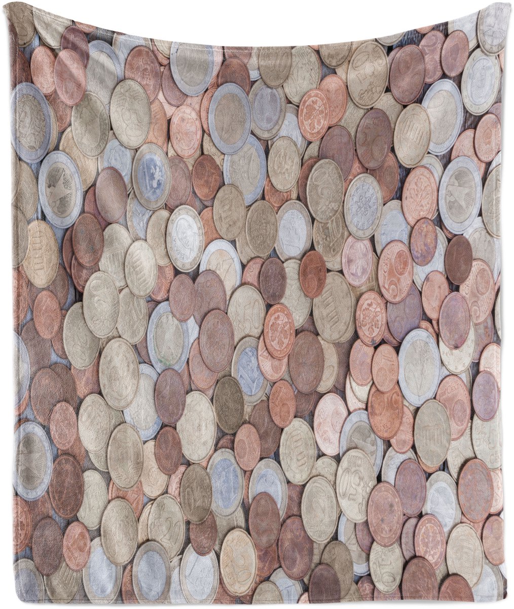 ABAKUHAUS Zachte flanellen fleece deken met geldmotief, euro- en centmunten, knusse pluche plaid, 125 x 175 cm, okergrijs geel