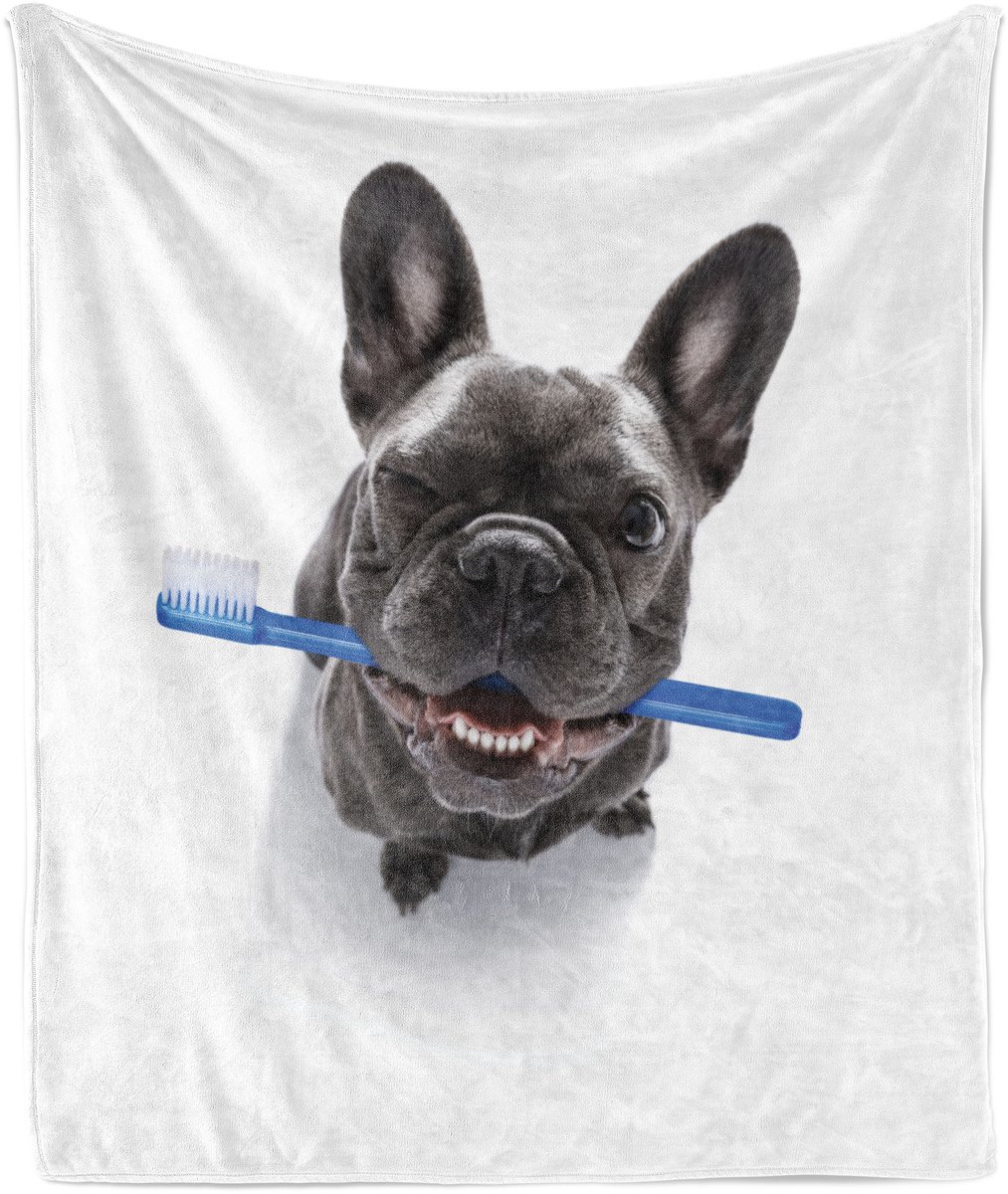 ABAKUHAUS Bulldog Zachte Flanellen Fleece Deken, Grappige Hond met Tandenborstel, Gezellige Pluche Plaid, 175 x 230 cm, Blauw, Donkergrijs en Wit