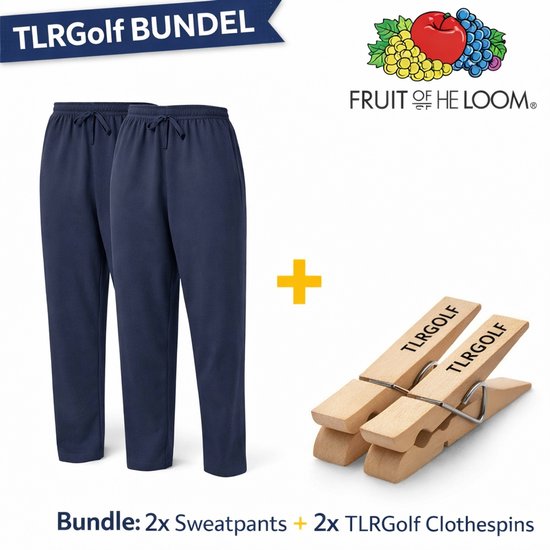 Bundel van 2 navy joggingbroeken met trekkoord en 2 houten wasknijpers met 'TLRGOLF' opdruk.
