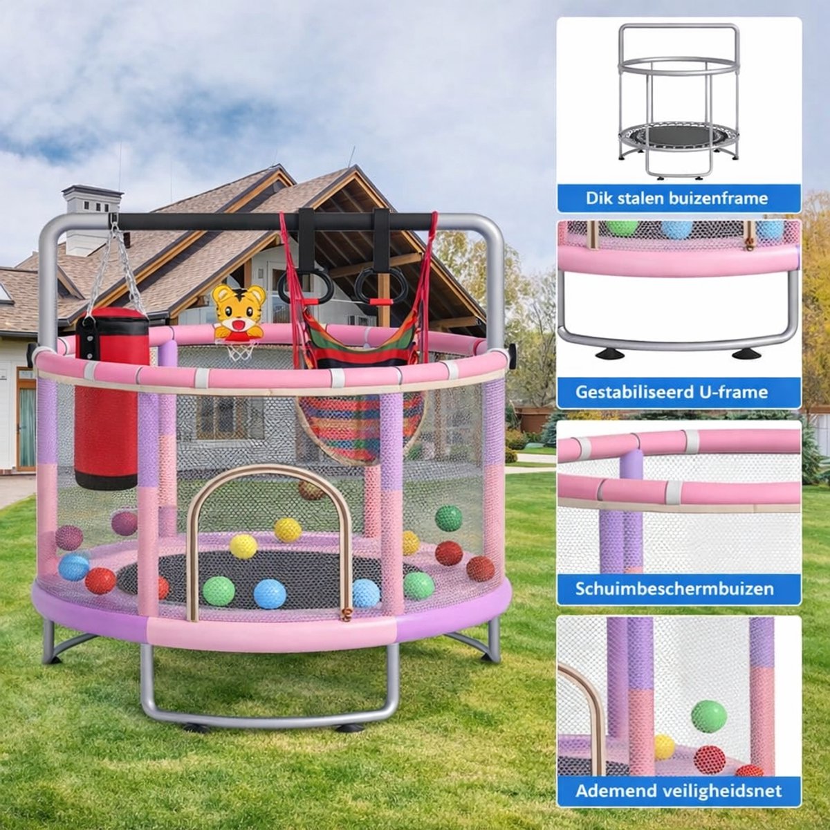Kinder Trampoline Ø150 cm-Ringleuning-Basketbalring- Multifunctionele Trampoline- Roze – foto 4