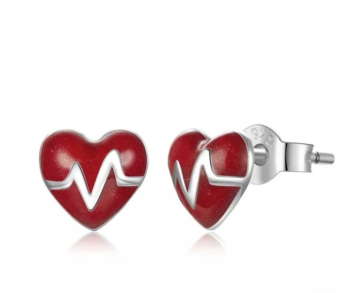 RomyStones – Hartslag Oorbellen – 925 Sterling Zilver – Rood Hart – Stud Oorknopjes