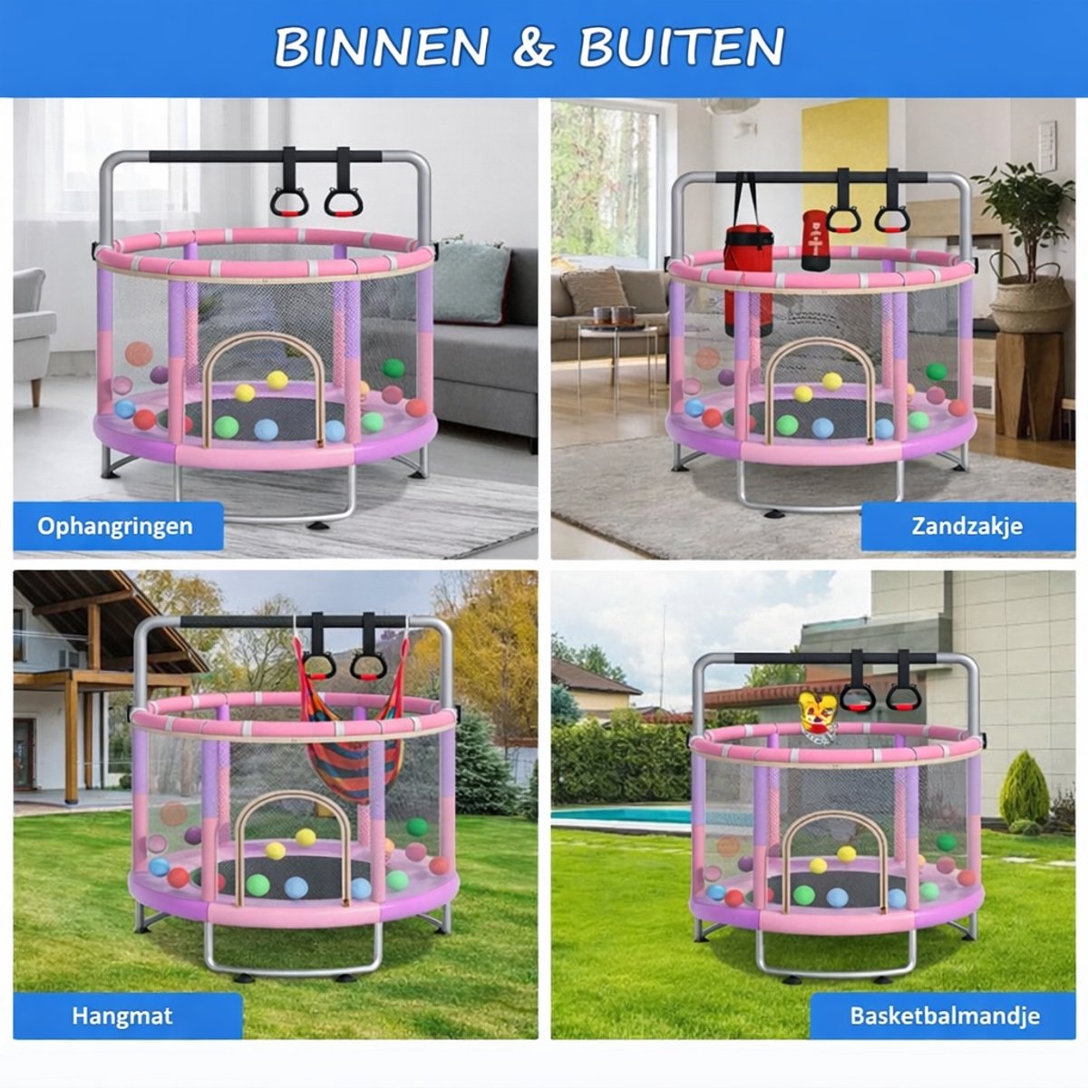Kinder Trampoline Ø150 cm-Ringleuning-Basketbalring- Multifunctionele Trampoline- Roze – foto 2