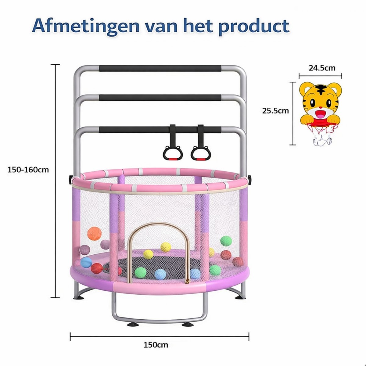 Kinder Trampoline Ø150 cm-Ringleuning-Basketbalring- Multifunctionele Trampoline- Roze – foto 7