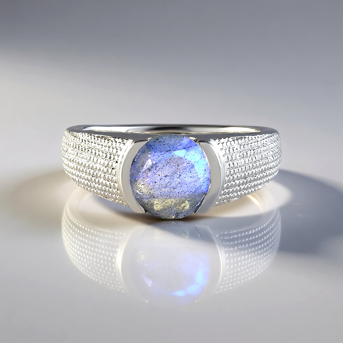 Cavill - Zilveren ring - 925 Sterling Zilver Platina Geplateerd - Labradoriet 1,635 ct Rond uit Madagaskar - Modern Elegant Sieraad 8 mm