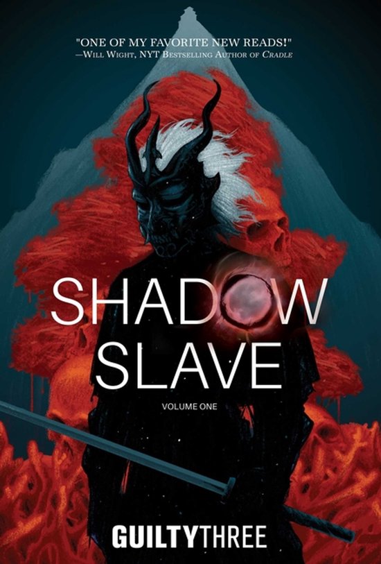 Boekcover met een duistere figuur met hoorns en een masker, een zwaard in de hand. Tekst: "Shadow Slave Volume One".