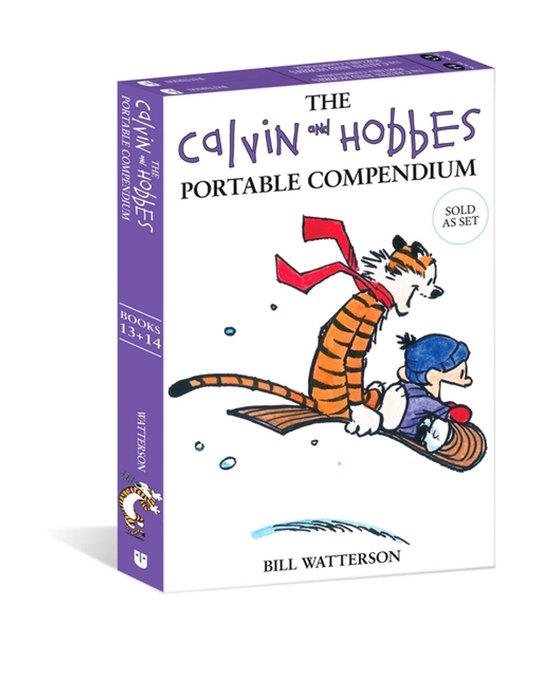 Calvin en Hobbes Portable Compendium Boeken 13+14, met Calvin en Hobbes op een slee met rode sjaal.