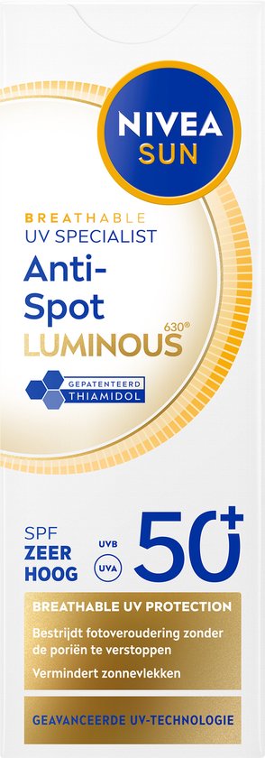 Doos Nivea Sun UV Specialist Anti-Spot Luminous SPF 50+. Ademende UV-bescherming, vermindert zonnevlekken.