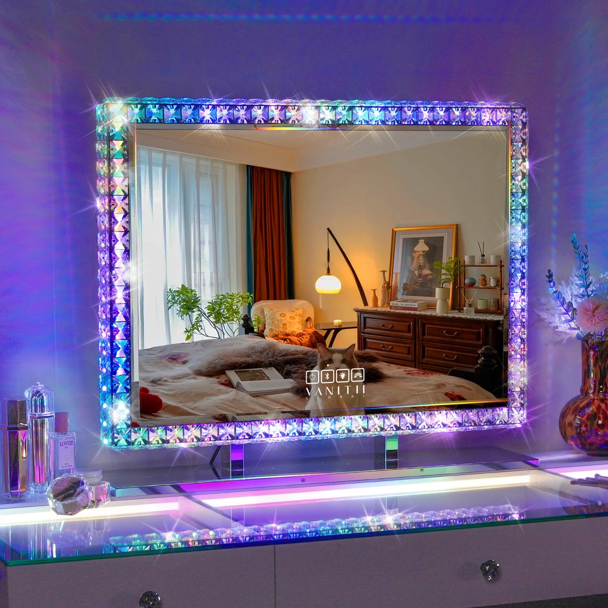 VANITII GLOBAL Hollywood-Makeup-spiegel - RGB-sfeerverlichting - Slimme Bluetooth - Driekleuren instelbaar licht - 10x vergrootglas - 80x60 cm - Wit