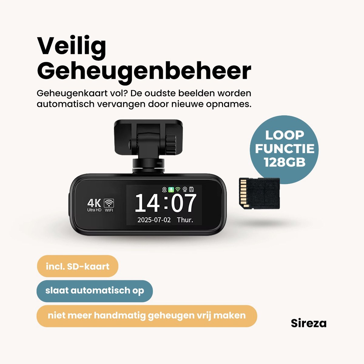 Sireza® D3 - Dashcam - Dashcam Voor Auto - Dual Dashcam - Ultra 4K & UHD - Voor en Achter Camera - WiFi - 2 inch met App - GPS live locatie + snelheid - 64GB SD Kaart - Loop Opname - G Sensor -mini koevoet - NL/FR/ENG Handleiding + NL Systeem – foto 6