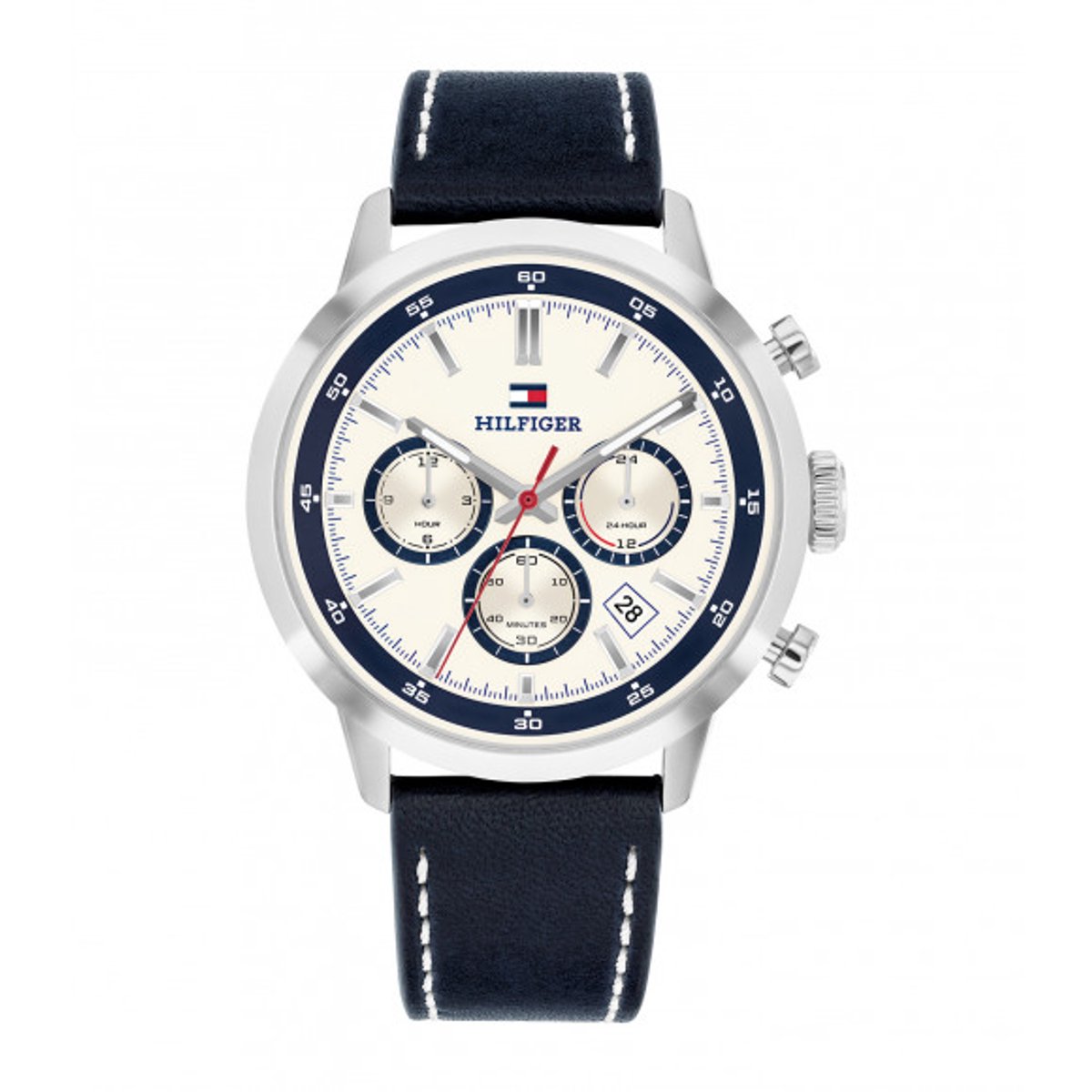 Tommy Hilfiger Dual Time Horloge, Blauwe Lederen Band, Witte Wijzerplaat, Stalen Kast, Datum, 43Mm, 5 Atm, 1710751