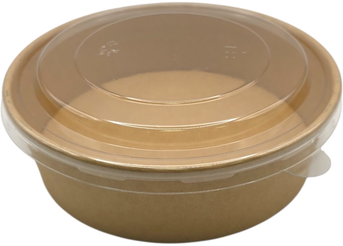 100 Stuks Kartonnen Saladebakjes met deksel - 500 ml Kraft Salade bowl - pokébowl - saladebakken met deksel - 500cc - bruin bakje - Ronde saladeschaal met deksel - 500ml - lunchbox - rond bakje - bakje - bakjes met deksel - takeaway bakjes
