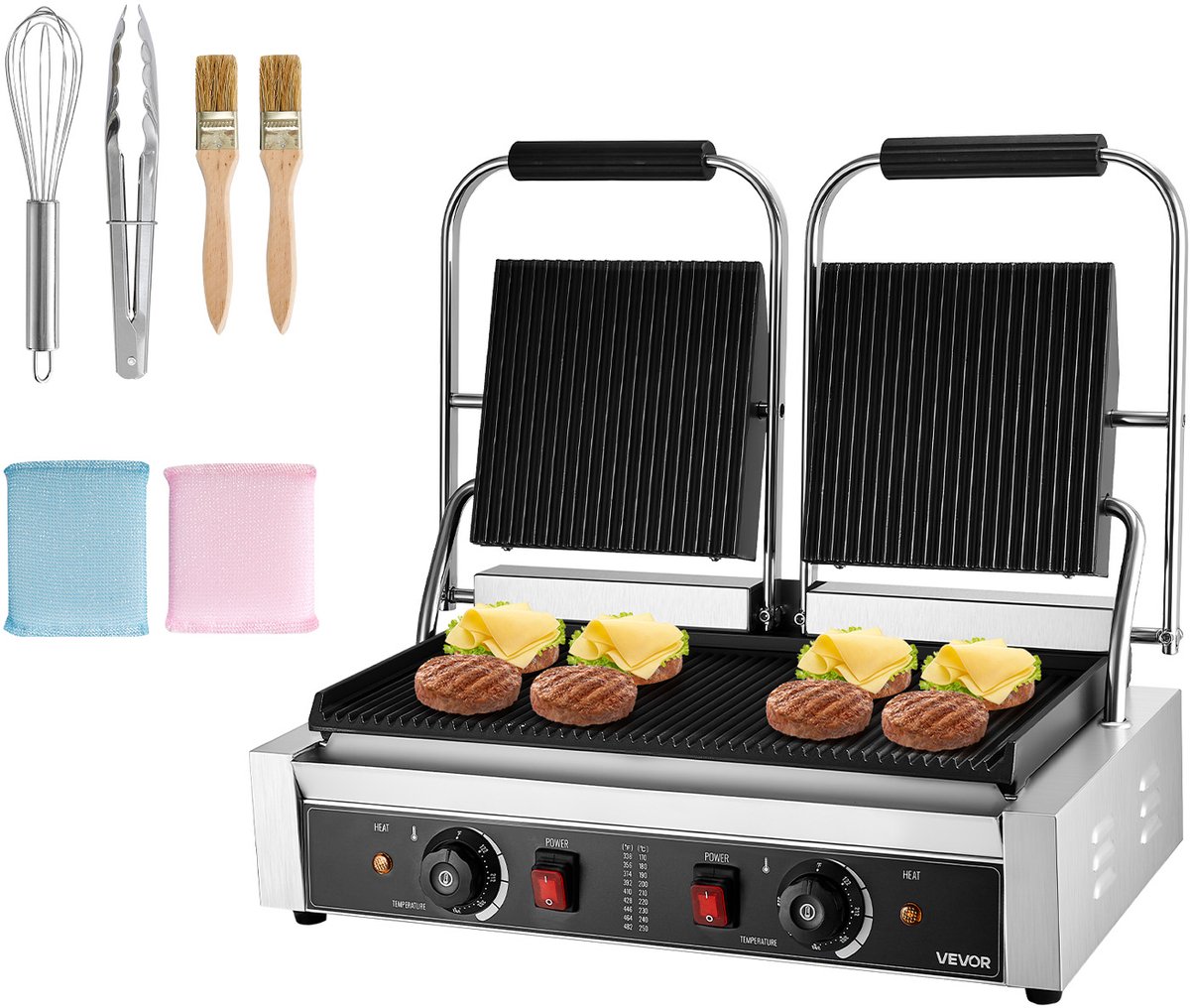 VEVOR Contact Grill Elektrische Grill Sandwich Maker Panini Pers 48x23cm Gegroefd