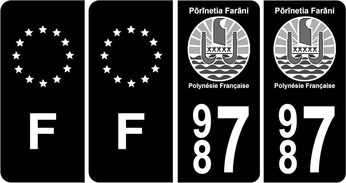 Nummerplaatstickers Frans Polynesië 987 Zwart & F Europa Set van 4 Stickers 45x100mm