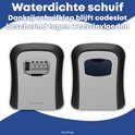 Dubbelzijdige weergave van een grijze en zwarte sleutelkluis met cijferslot, die waterdicht is dankzij een schuifklep.
