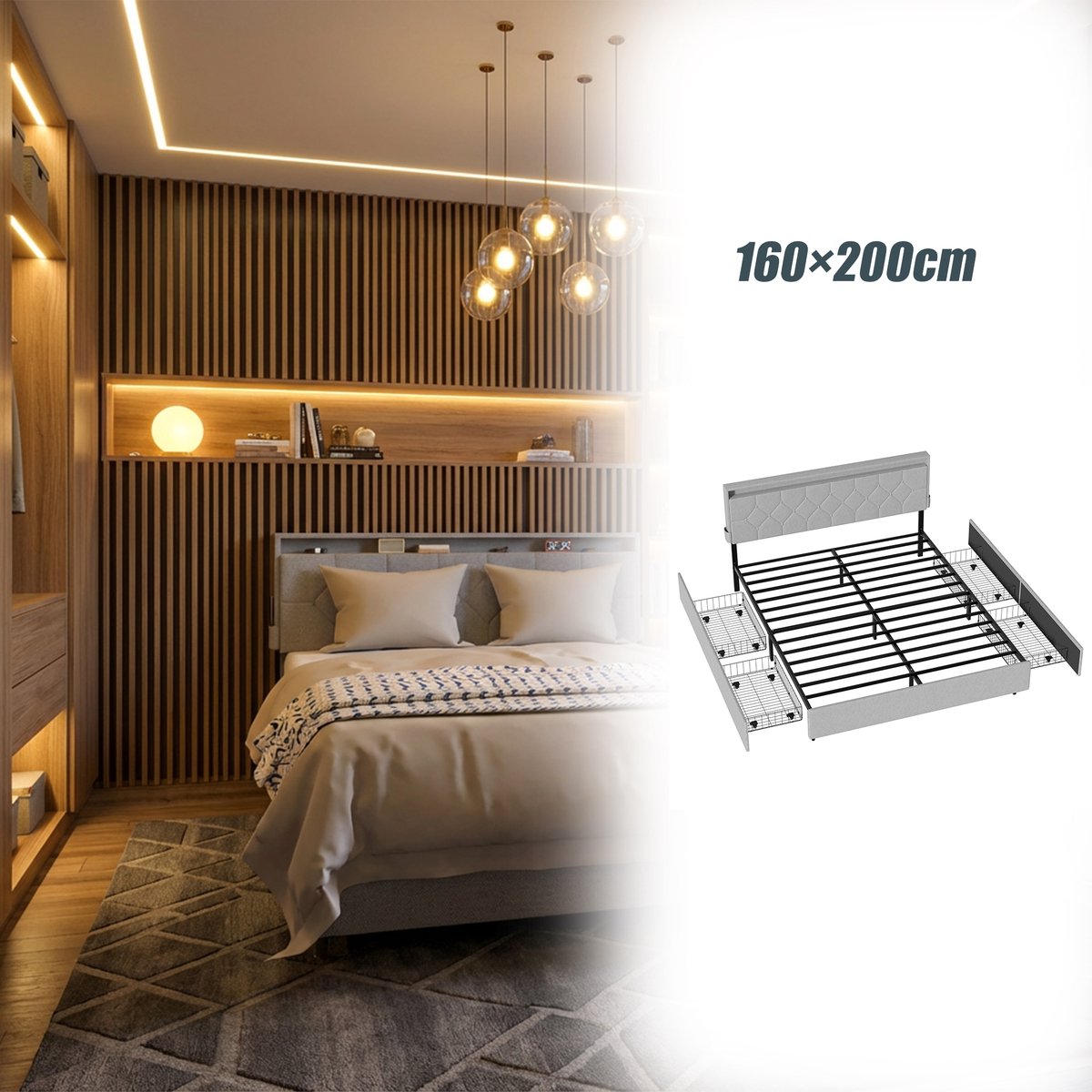 Aufun Gestoffeerd Bedframe Met Lades - 160×200 cm Lichtgrijs - Linnen Stof - Voorzien Van Lades Voor Handige Opbergruimte En Hoge Functionaliteit.