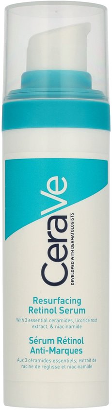 CeraVe Resurfacing Retinol Serum in pompflacon. Wit met blauwe en turquoise details.