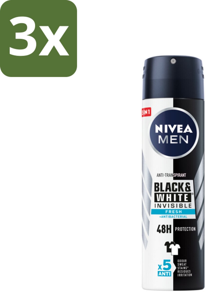 NIVEA Men Deodorant Spray Invisible for Black & White Fresh 150 ml - Bulkverpakking - 3 stuks