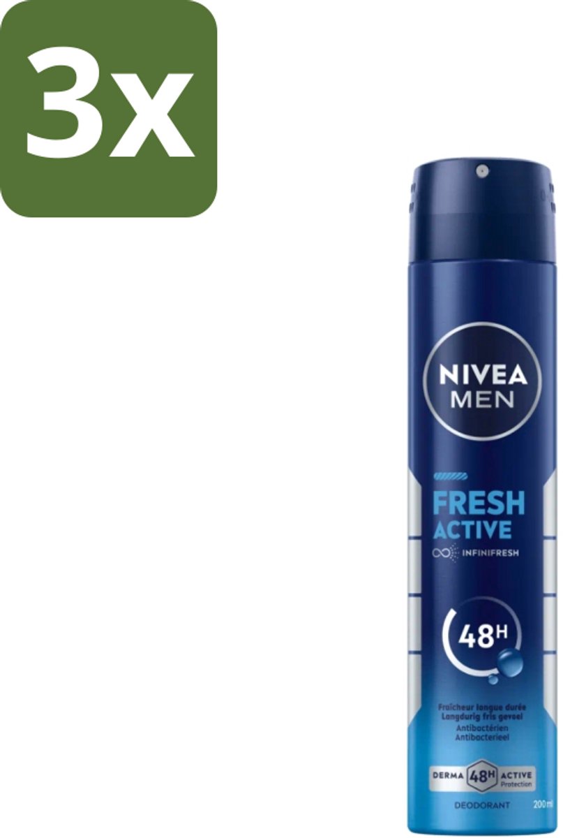 Nivea - Deo Spray XL - Fresh Active - 48 Uur Lang Werkend - 200 ml - Bulkverpakking - 3 stuks