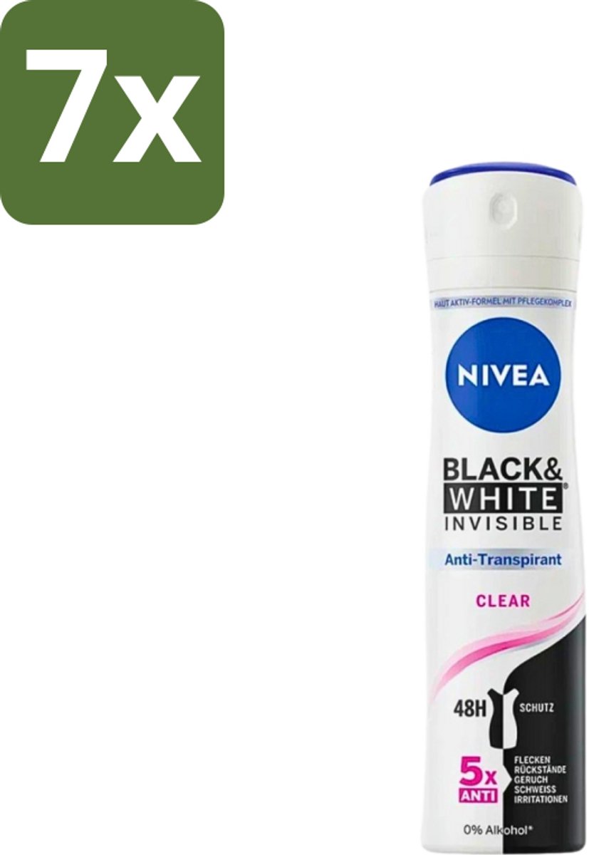 Nivea - Deodorant - Spray - Black & White Invisible Clear - Anti-Transpirant - 150 ml - Bulkverpakking - 7 stuks