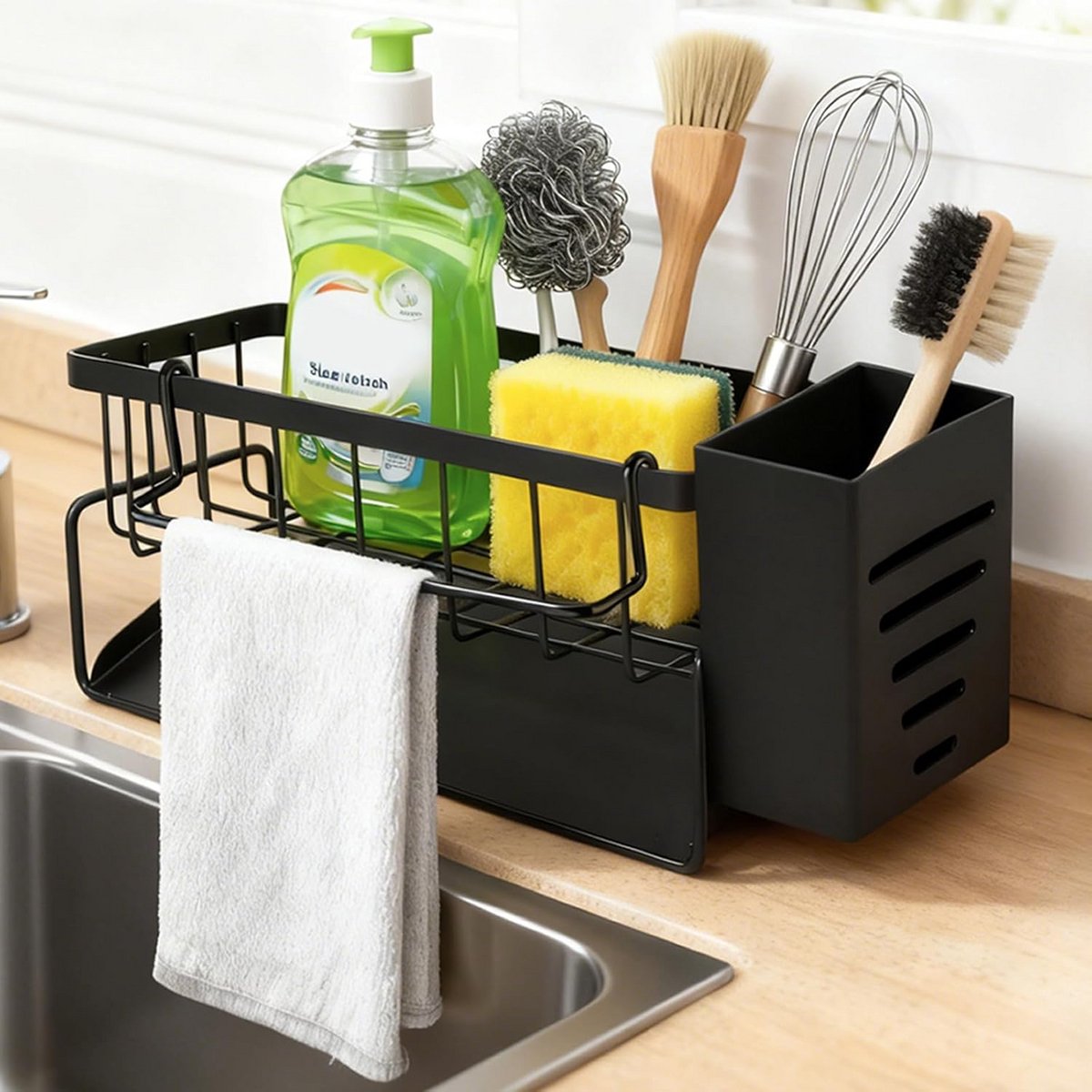 Keuken Organizer Spoelbak met Ophangsysteem voor Spons en Doek - Zwart