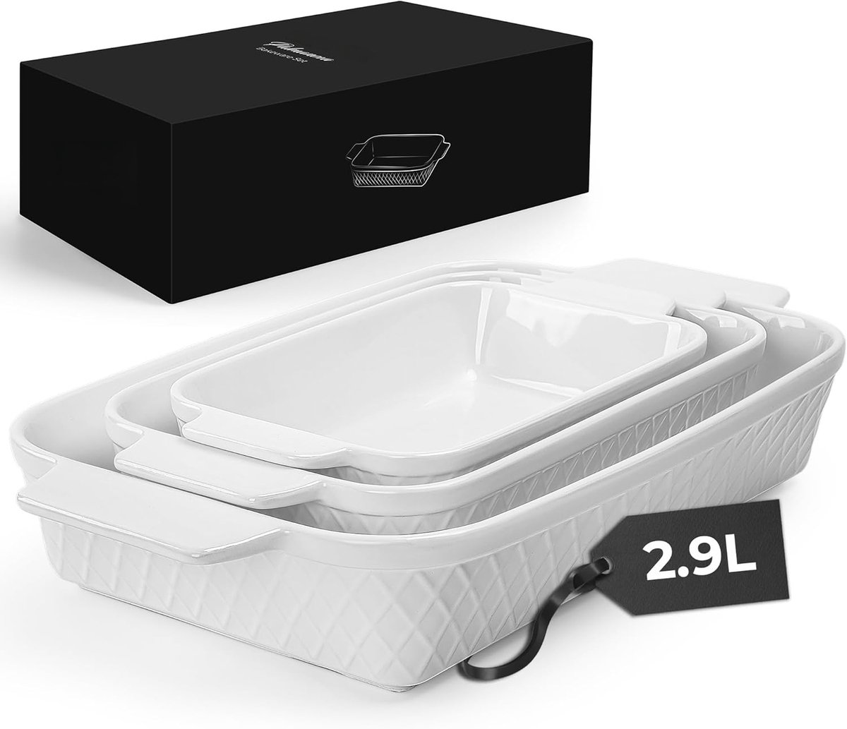 PromoHome Keramische Ovenschaal Set van 3 - Rechthoekige Bakvormen, Stapelbaar, Oven- en Vaatwasserbestendig
