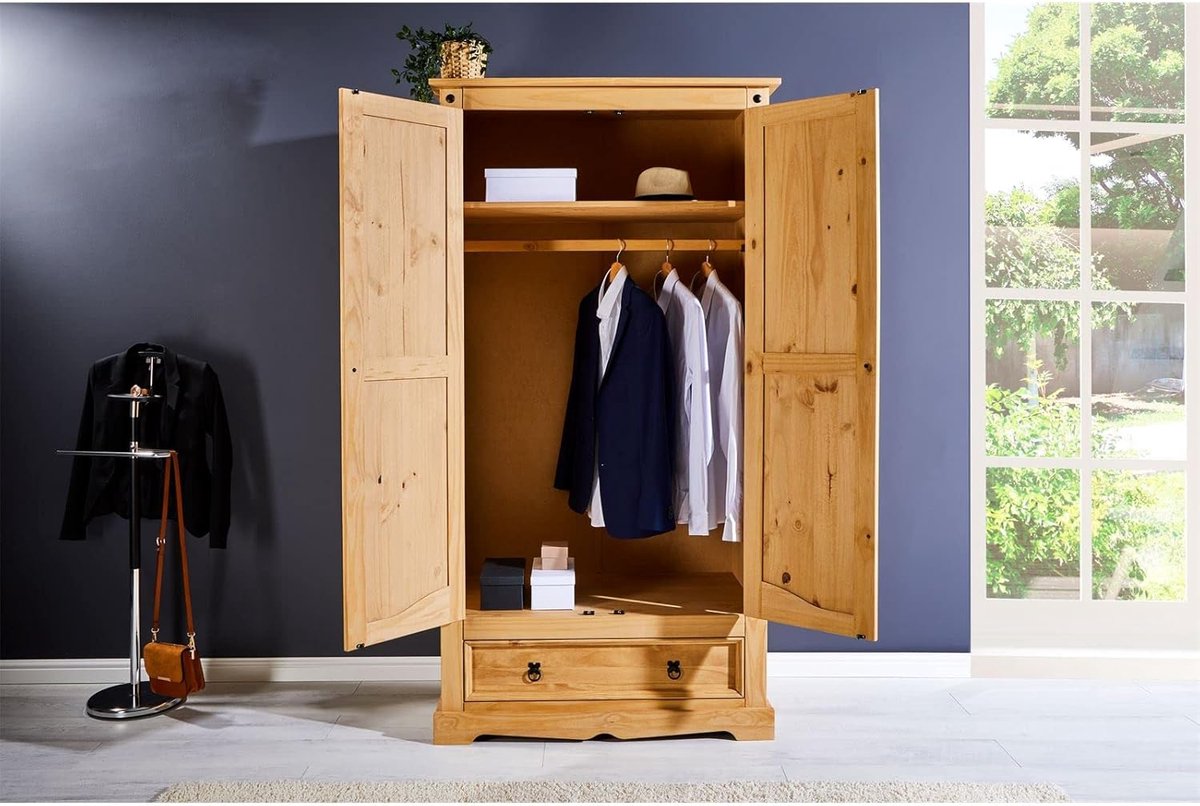 Kledingkast 100 x 190 x 56 cm – Massief Grenen – 2-Deurs Garderobekast met Lade en Kledingstang – Mexico Stijl – Gebeitst & Gewaxt – Abkantoor