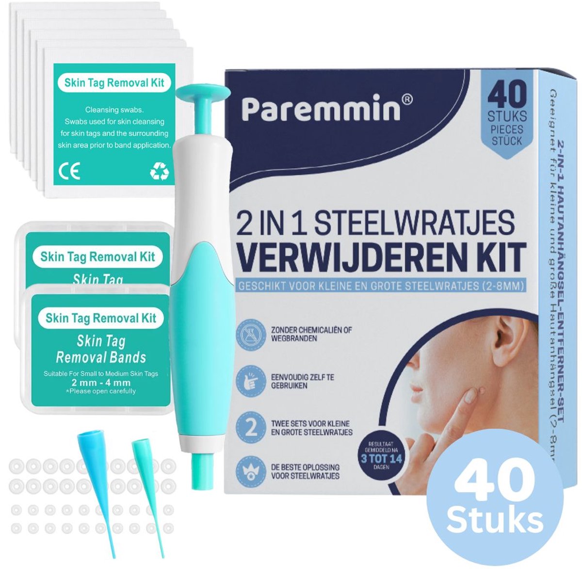 Paremmin 2 in 1 Steelwratjes Verwijderen Kit - 40 stuks - Groot en Klein - 2-8mm - Skin Tags - Steelwratten Verwijderaar - Skin Tag Remover