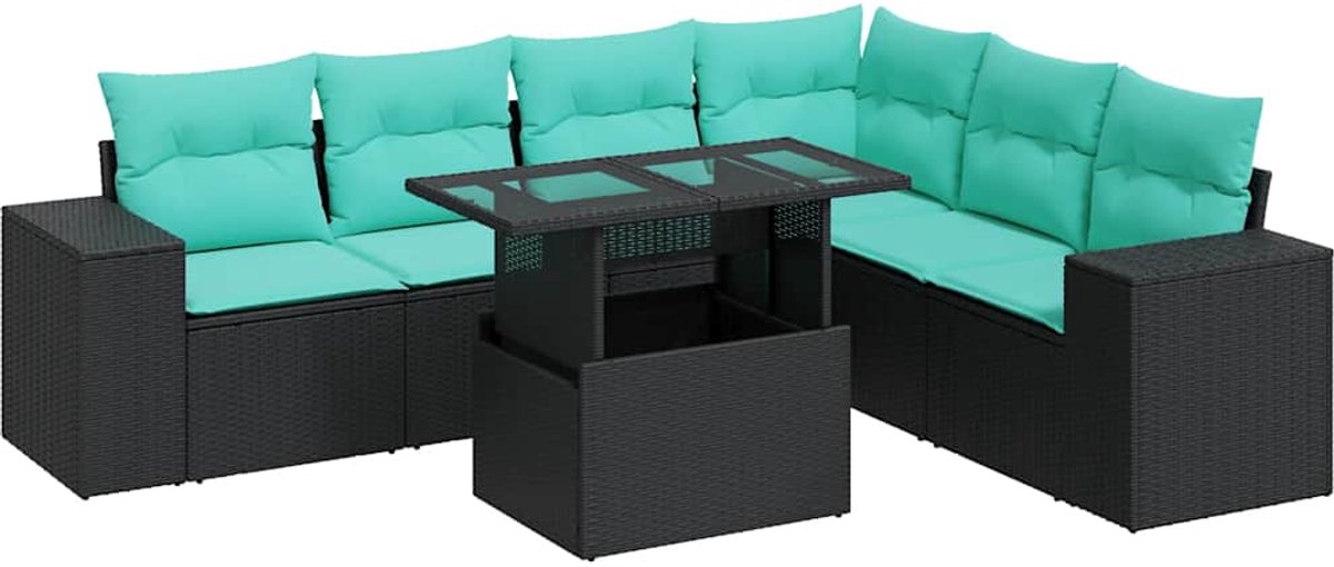 vidaXL 7-delige - Loungeset - met - kussens - poly - rattan - acacia - zwart