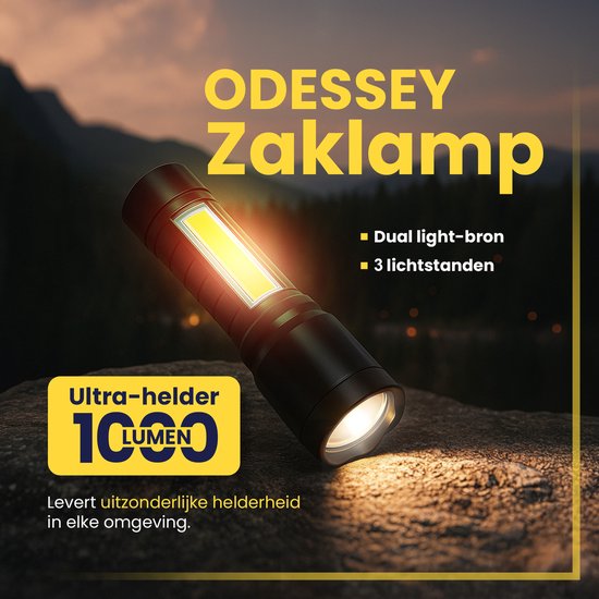 ODESSEY Zaklamp LED Oplaadbaar - 4-Pack - COB-Verlichting - met Polsband - Militaire Zaklamp - Zaklampen - Kind - Zwart