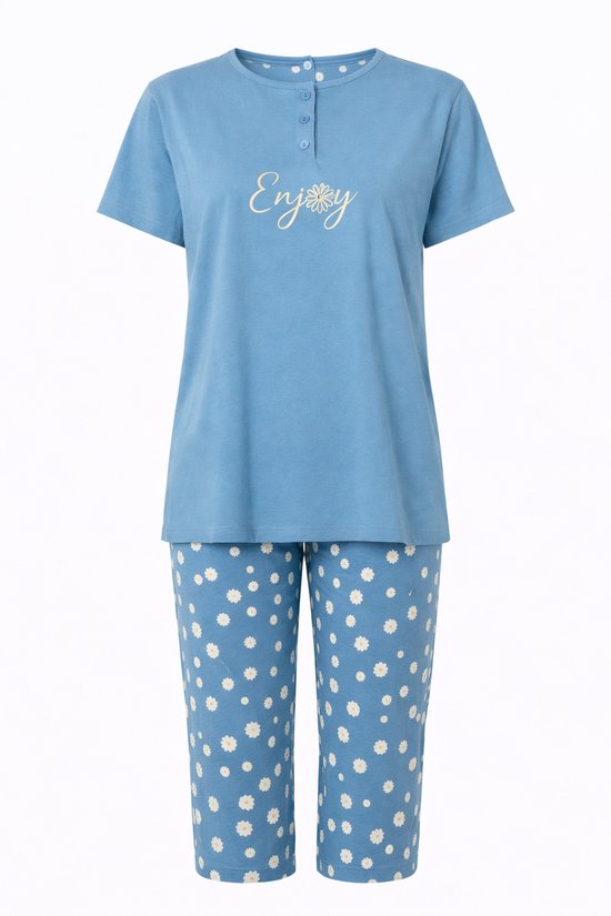 Dames Pyjama - Katoen - Zomer - 3/4 broek - Blauw Madelief - Maat L
