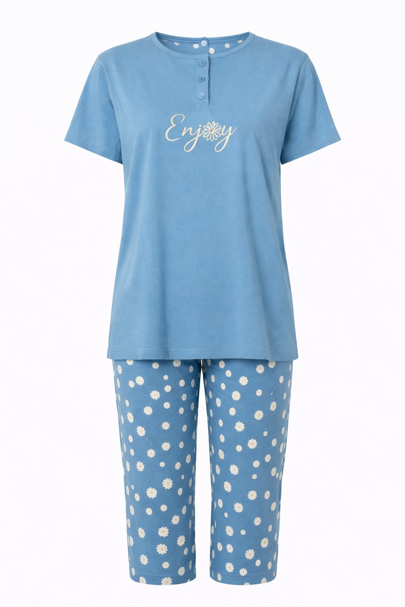 Cocodream Quality Dames Pyjama - Katoen - Zomer - 3/4 broek - Blauw Madelief Blauw, print