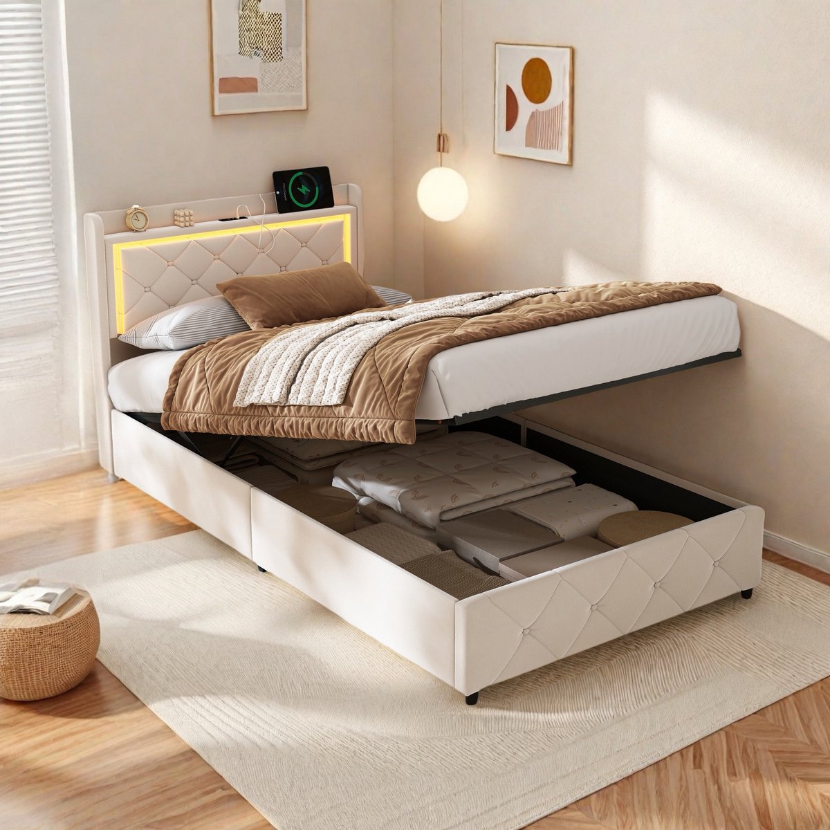 Rosahqnda Kinderbed 90x200cm, gestoffeerd bed met ledverlichting, usb-poort en opbergruimte, eenpersoonsbed, lattenbodem, beige fluweel