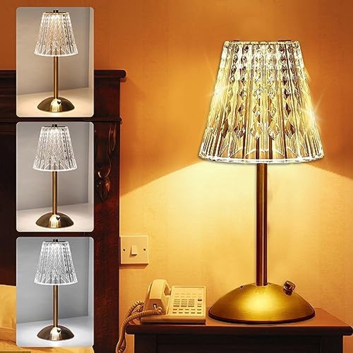 Draadloze touch tafellamp, oplaadbare lamp, werkt op batterijen, 3 kleuren, mini kristallen tafellamp, vintage sfeerverlichting voor restaurant, badkamer, keuken en andere interieurdecoratie