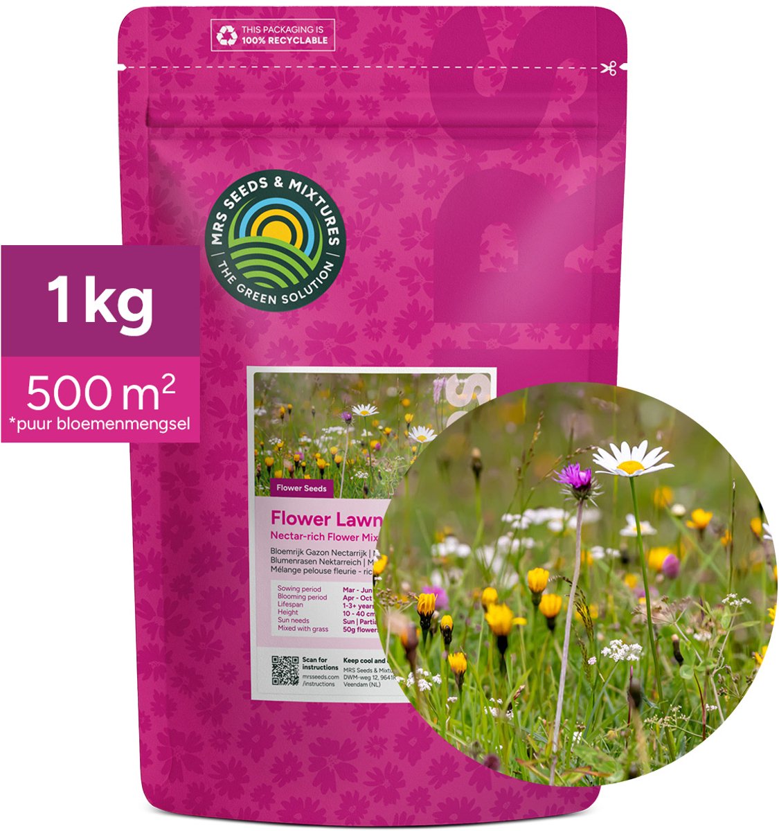 MRS Seeds & Mixtures Type M5 - Bloemrijk Gazon - 1 kg voor 500 m² - 15 inheemse, maaibare bloemen - Nectarrijk - Trekt nuttige insecten aan