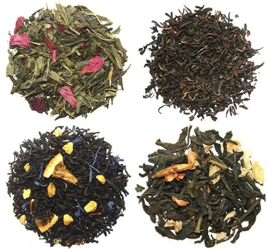 Vier selecties thee: groene thee met rode bloemblaadjes, donkerbruine thee, zwarte thee met citrus en bloemen, en groene thee met bloesems.