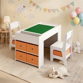 Bealife TB93 Kindertafeltje en Stoeltjes - 3-in-1 Kindertafel met Stoelen – Speeltafel met Opbergruimte & Dubbelzijdig Blad (Blokkenbord/Whiteboard) - Set 3 t/m 7 Jaar - Wit & Oranje