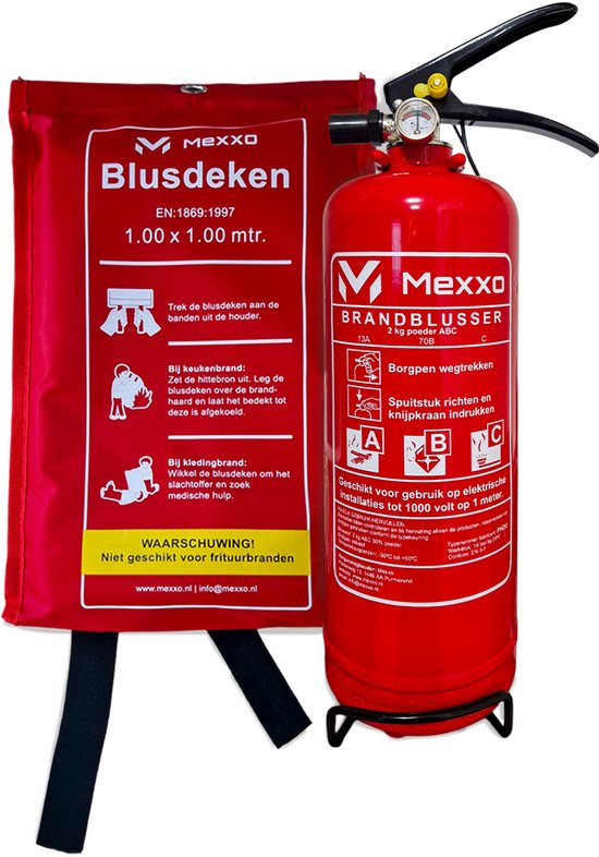 Mexxo blusset - Brandblusser 2 kg ABC + Blusdeken 100x100cm - Montagebeugel en keuringssticker