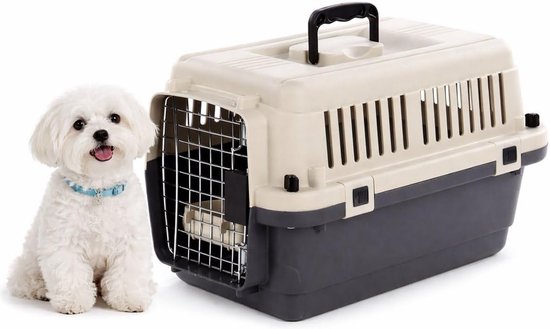 Witte Maltezer hond naast een lichtgrijze en donkergrijze reismand met metalen deur.