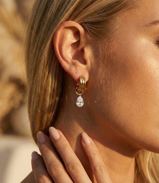 Lundholm Boucles d'oreilles de luxe en acier inoxydable de qualité supérieure couleur or - Série Nora - boucles d'oreilles femme avec zircons - boucles d'oreilles de mariée - Design scandinave