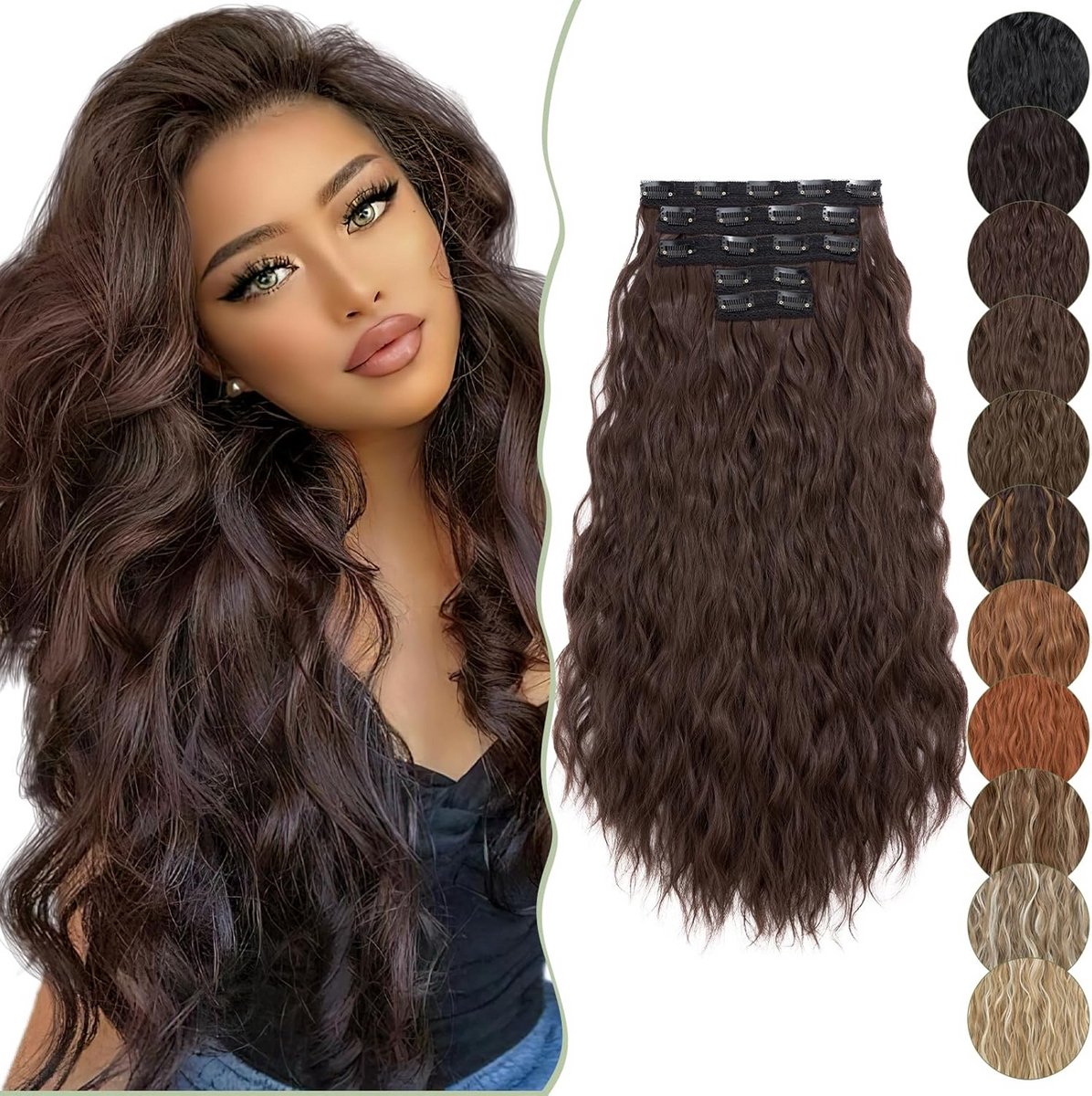 Clip-in Haarverlenging 5 Delen - Echt Haar Effect - Golvend & Krullend - 60 cm - Donkerbruin