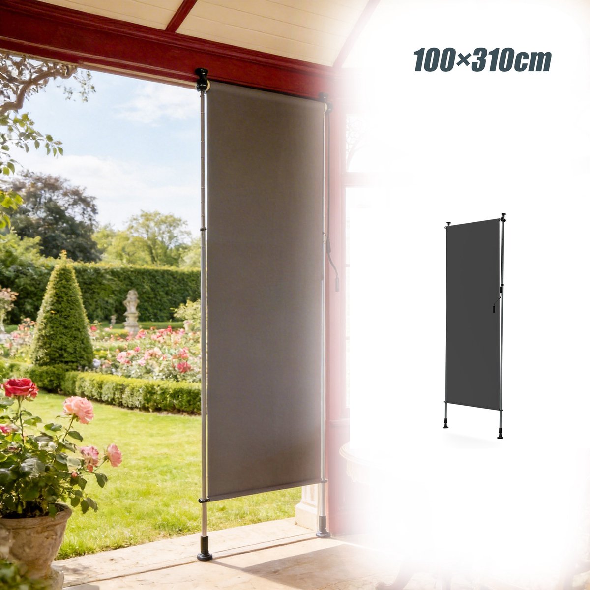 Aufun Rechtopstaande, In Hoogte Verstelbare Zonwering - Donkergrijs - 100 x 310 cm - Privacyscherm Met Handslinger - Geschikt Voor Balkons, Terrassen En Tuinen