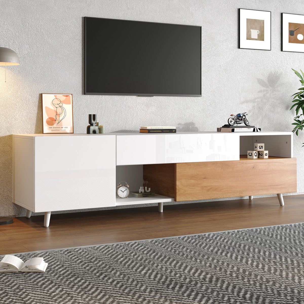 STILVORA Televisiemeubel - Hoogglans Front Met Lade En Kasten - Voor Woonkamer TV-Hoek - Spaanplaat Wit;Naturel - 180x38x50 Cm