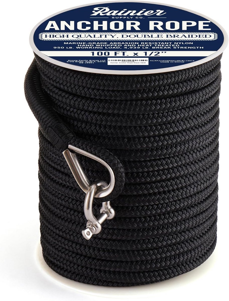 Dubbel Gevlochten Nylon Ankerlijn 1/2" - Sterk Bootankertouw met RVS Vingerhoed (100-300ft)