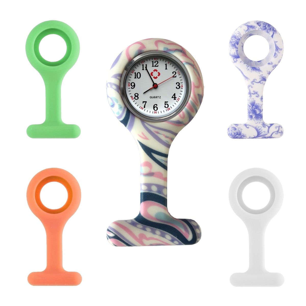 Fako - Verpleegstershorloge - Zusterhorloge - Siliconen RVS Set I - 5 Hoesjes RVS Klokje