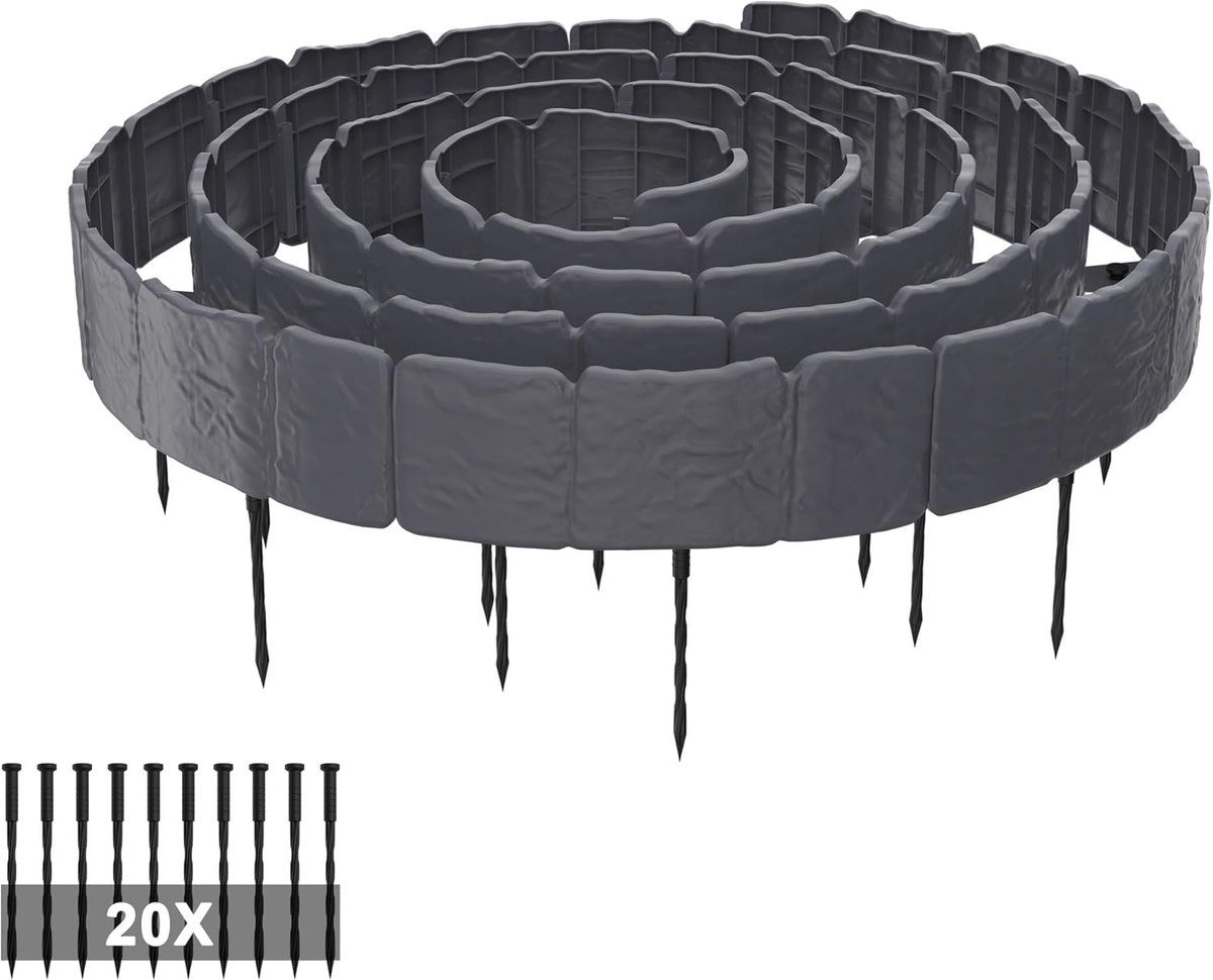 T-Vormige Gazonrand - Kunststof - Pak Van 20 - Versterkte Pp-Palisades - Met Bevestigingsnagels - Weerbestendig - 5 m - Modulaire Tuinrand - Antraciet - NAIZY
