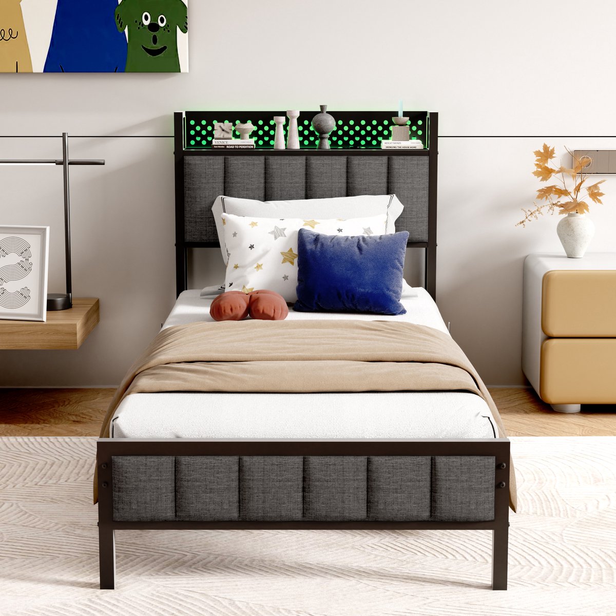 FloraGrace 90x200 Bed - Eenpersoonsbed - Stalen Bedframe - Eenvoudige Montage - LED Verlichting - Zwart
