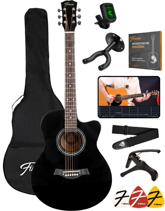 Guitare acoustique Finesse - avec cours vidéo - 4/4 40" - Guitare Western - Guitare Enfant & Adulte - Noir