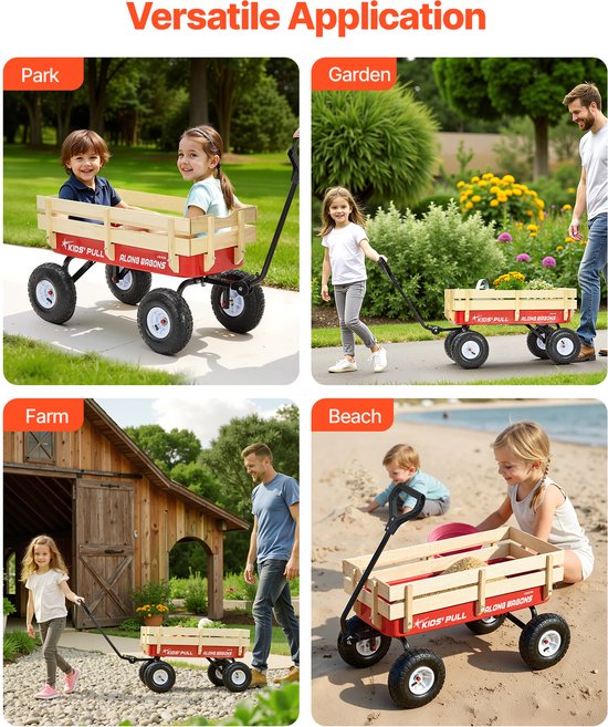 VEVOR Kinderhandkar, 102 CM, Transportkar met Duwstang, Gemaakt van Hout en Metaal, Max. 150 Kg Draagvermogen, Ideaal voor Kinderen Vanaf 5 Jaar, voor In De Tuin, Uitstapjes en op Het Strand, Rood en Zwart van Vevor — afbeelding 5
