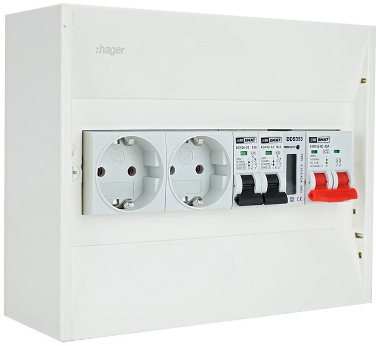 EMAT PV-verdeler 2x B16 groep 2x WCD, hoofdschakelaar en kWh meter (PV0004)