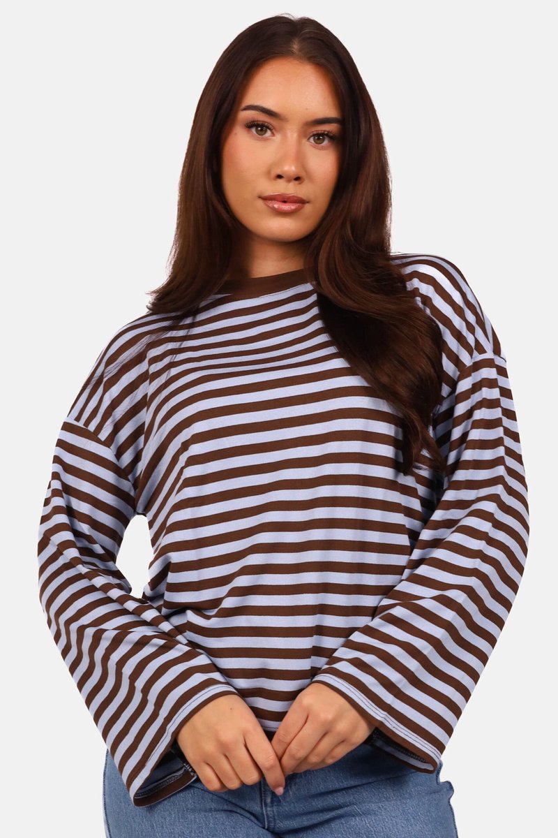 Getdrezzed Top - Maat: S - Gestreepte longsleeve in bruin en lichtblauw
